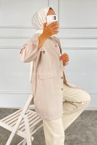 Modalamelif Çift Kapak Cepli Metal Önü Boydan Düğmeli Gömlek Taşrengi