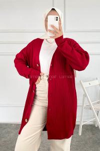 Modalamelif Düz Renk Fitilli Hırka Kırmızı