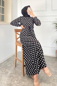 Modalamelif Puanlı Kuşak Bağlamalı Beli Lastikli Elbise Siyah