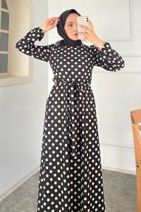 Modalamelif Puanlı Kuşak Bağlamalı Beli Lastikli Elbise Siyah