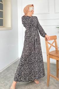 Modalamelif Soyut Desen Kuşak Bağlamalı Elbise Siyah