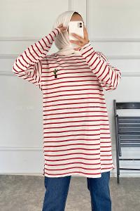 Modalamelif Çizgi Şeritli Kaktüs Baskılı Tunik Bordo