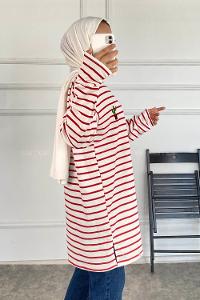 Modalamelif Çizgi Şeritli Kaktüs Baskılı Tunik Bordo