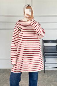 Modalamelif Çizgi Şeritli Kaktüs Baskılı Tunik Bordo