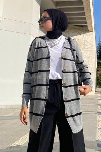 Modalamelif Çizgi Şeritli Önü Düğmeli Triko Hırka Gri