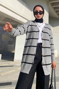 Modalamelif Çizgi Şeritli Önü Düğmeli Triko Hırka Gri