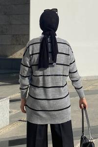 Modalamelif Çizgi Şeritli Önü Düğmeli Triko Hırka Gri