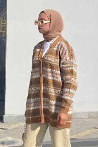 Modalamelif Etnik Desenlli Önü Düğmeli Salaş Triko Hırka Camel