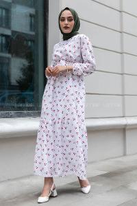 Modalamelif Kiraz Desenli Kuşak Bağlamalı Elbise Beyaz