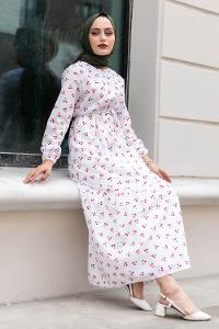 Modalamelif Kiraz Desenli Kuşak Bağlamalı Elbise Beyaz