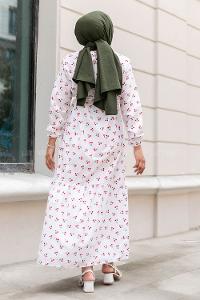 Modalamelif Kiraz Desenli Kuşak Bağlamalı Elbise Beyaz