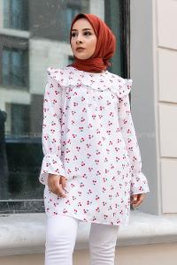 Modalamelif Kiraz Desenli Önü Fırfırlı Tunik Beyaz