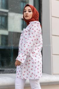 Modalamelif Kiraz Desenli Önü Fırfırlı Tunik Beyaz