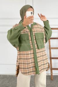 Modalamelif Önü Düğme Detaylı Garnili Çift Cepli Ekose Ceket Yeşil