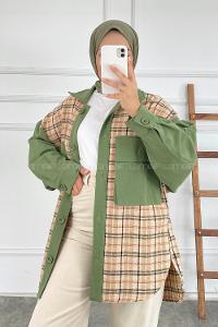 Modalamelif Önü Düğme Detaylı Garnili Çift Cepli Ekose Ceket Yeşil