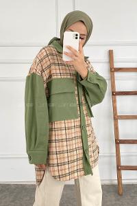 Modalamelif Önü Düğme Detaylı Garnili Çift Cepli Ekose Ceket Yeşil