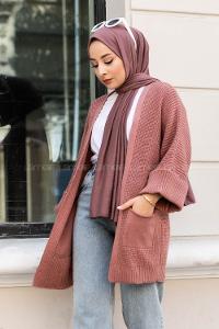 Modalamelif Yara_sa Kol Katlamalı Triko Hırka Gül Rengi