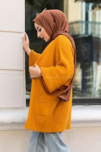 Modalamelif Yara_sa Kol Katlamalı Triko Hırka Hardal Sarısı