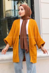 Modalamelif Yara_sa Kol Katlamalı Triko Hırka Hardal Sarısı