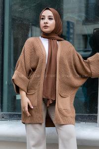 Modalamelif Yara_sa Kol Katlamalı Triko Hırka SütlüKahve