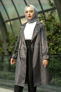 Modalamelif Beli Kuşak Bağlamalı Düğme Detaylı Trenç Gri