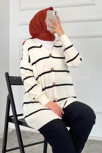 Modalamelif Çizgi Şeritli Önü Düğmeli Triko Hırka Beyaz