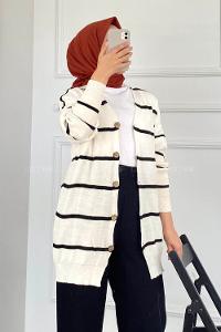 Modalamelif Çizgi Şeritli Önü Düğmeli Triko Hırka Beyaz