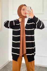 Modalamelif Çizgi Şeritli Önü Düğmeli Triko Hırka Siyah