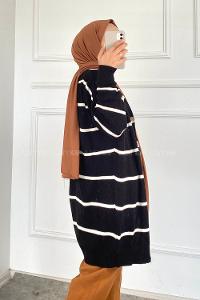 Modalamelif Çizgi Şeritli Önü Düğmeli Triko Hırka Siyah