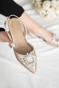 Modalamelif Kadın Topuklu Taş Detay Saten Sandalet Ten