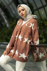 Modalamelif Önü Boydan Düğmeli  Yıldız Desenli Triko Hırka Gül