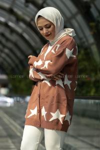 Modalamelif Önü Boydan Düğmeli  Yıldız Desenli Triko Hırka Gül