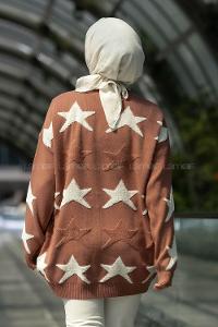 Modalamelif Önü Boydan Düğmeli  Yıldız Desenli Triko Hırka Gül