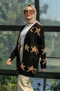 Modalamelif Önü Boydan Düğmeli  Yıldız Desenli Triko Hırka Siyah