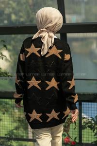 Modalamelif Önü Boydan Düğmeli  Yıldız Desenli Triko Hırka Siyah