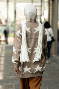 Modalamelif Önü Boydan Düğmeli  Yıldız Desenli Triko Hırka Vizon