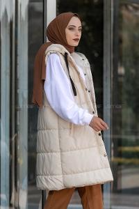 Modalamelif Önü Fermuarlı Şişme Mont Kapüşonlu Yelek Krem