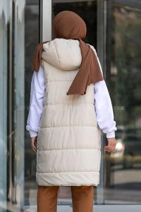 Modalamelif Önü Fermuarlı Şişme Mont Kapüşonlu Yelek Krem