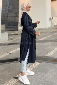 Modalamelif Beli Kuşak Bağlamalı Düğme Detaylı Trenç Lacivert