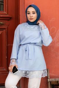 Modalamelif  Yaka Ve Etek Dantel Detaylı Kuşak Bağlamalı Tunik Mavi