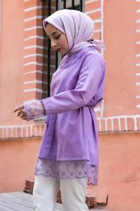 Modalamelif  Yaka Ve Etek Dantel Detaylı Kuşak Bağlamalı Tunik Mor