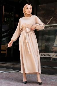 if Yara_sa Kol Beli Kuşaklı Elbise Taşrengi