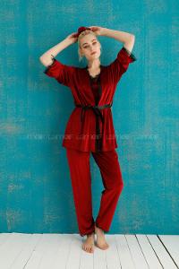 Modalamelif Fransız Kadife 3 Lü Pijama Takımı Bordo