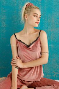 Modalamelif Fransız Kadife 3 Lü Pijama Takımı Pudra