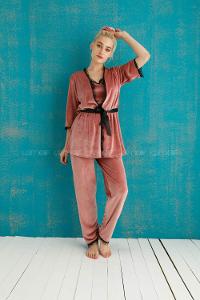 Modalamelif Fransız Kadife 3 Lü Pijama Takımı Pudra