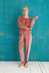 Modalamelif Fransız Soft Kadife Baskılı Pijama Takımı Pudra