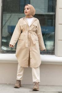 Modalamelif Kapüşon Detaylı Çift Kapak Cepli Trenç Bej