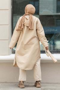 Modalamelif Kapüşon Detaylı Çift Kapak Cepli Trenç Bej