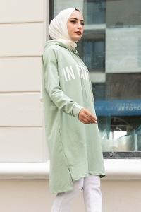 Modalamelif In Nature Yazı Baskılı Kapüşon Detaylı Uzun Tunik Çağla