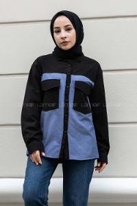 Modalamelif Renk Garnili Çift Kapak Cepli Gömlek Siyah